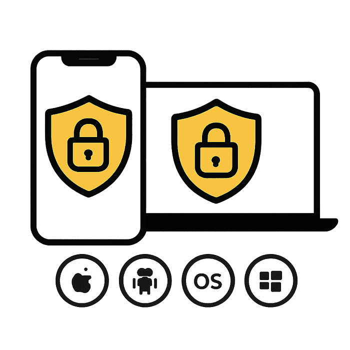 WEEX多终端兼容示意图，突出数据安全与系统支持（iOS、Android、桌面、Windows）。